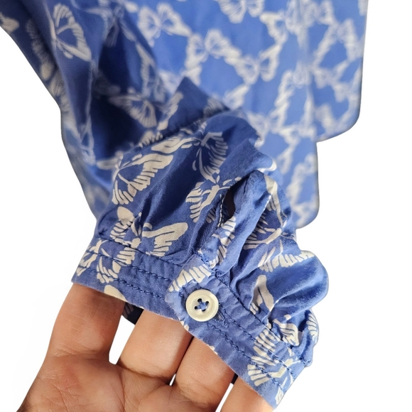 TALBOTS Petite Butterfly Print Cotton Tunic Blouse Shirt Size Small Blue White - Picture 6 of 12